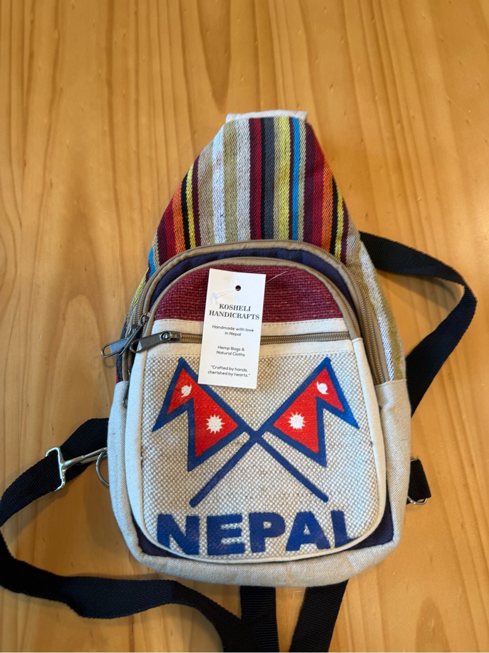 & Other Stories Beige Canvas Crossbody Bag with Red and Blue Accents